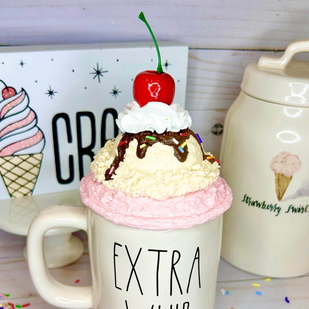 Faux ice cream scoop sundae mug topper Neapolitan chocolate whipped cream